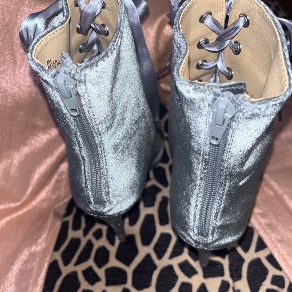 Velvet gray/silver/pewter with a Gray satin ribbon lace up high pump booty. - Picture 7 of 14